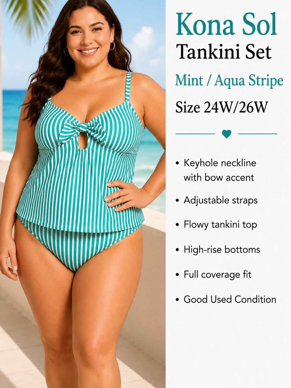 Kona Sol Mint & Aqua Stripe Tankini Set size 24